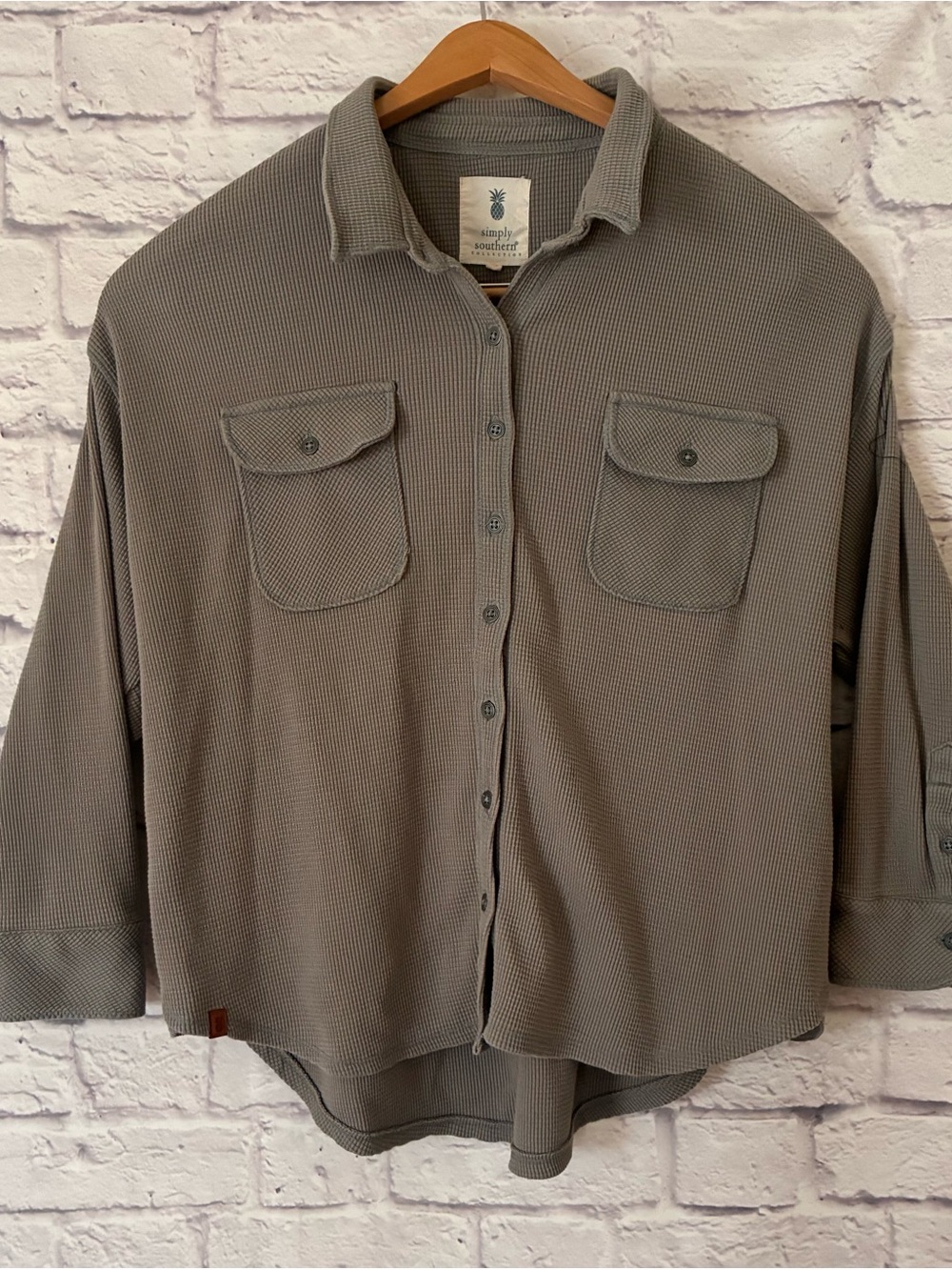 Simply Southern Women’s Olive Green Waffle Knit Button-Down Shirt - Large